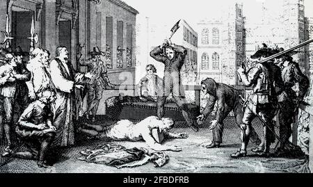 Die Enthauptung von Charles I. (1600-1649), König von England, Schottland und Irland vom 27. März 1625 bis zu seiner Hinrichtung in Whitehall im Jahr 1649. Nach seiner Nachfolge im Jahr 1625 streitete sich Charles mit dem Parlament von England, das versuchte, sein königliches Vorrecht einzudämmen. Sein Glaube an das göttliche Recht der Könige führte schließlich zum Bürgerkrieg und zu seinem Tod. Stockfoto