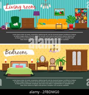 Wohnzimmer und Schlafzimmer Heim Innenraum Vektor-Illustration. Familienzimmer. Inneneinrichtung im Raumdesign Stock Vektor