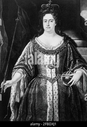 Ein Porträt von John Closterman über Queen Anne (1665-1714), Monarch von England, Schottland und Irland zwischen dem 8. März 1702 und dem 1. Mai 1707. Am 1. Mai 1707 schlossen sich die Königreiche England und Schottland im Rahmen der „Acts of Union“ zu einem einzigen souveränen Staat zusammen, der als Großbritannien bekannt ist. Sie regierte bis zu ihrem Tod 1714 als Königin von Großbritannien und Irland. Stockfoto