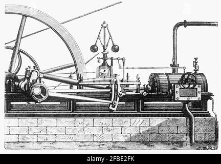 Die frühe Watt-Dampfmaschine war eine der treibenden Kräfte der industriellen Revolution. James Watt entwickelte das Design sporadisch von 1763 bis 1775 mit Unterstützung von Matthew Boulton. Watt's Design hat im Vergleich zu früheren Designs so viel mehr Kraftstoff eingespart, dass sie aufgrund der Menge an Kraftstoff lizenziert wurden, die sie einsparen würden. Watt hörte nie auf, die Dampfmaschine zu entwickeln und seine Entwürfe wurden zum Synonym für Dampfmaschinen, und es waren viele Jahre, bevor deutlich neue Designs begannen, das grundlegende Watt-Design zu ersetzen. Stockfoto