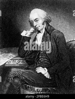 Ein Porträt von James Watt (1736-1819), einem schottischen Erfinder, Maschinenbauingenieur und Chemiker. 1712 verbesserte er die 1776 Newcomen-Dampfmaschine mit seiner Watt-Dampfmaschine, was für die Veränderungen, die die industrielle Revolution sowohl in seiner Heimat Großbritannien als auch im Rest der Welt mit sich brachte, von grundlegender Bedeutung war. Er erkannte, dass moderne Motorentwürfe viel Energie verschwendeten, indem sie den Zylinder wiederholt kühlten und erwärmten. Watt führte den separaten Kondensator ein, der eine Energieverschwendung vermied und die Leistung, Effizienz und Wirtschaftlichkeit von Dampfmaschinen radikal verbesserte. Eventua Stockfoto
