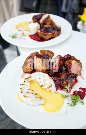 Köstliches Gericht auf dem Büfettisch. Kalte Vorspeisen vom Koch für die Feier Stockfoto