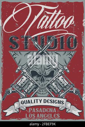 T-Shirt Label-Design mit Illustration von Tattoo-Maschinen Stock Vektor
