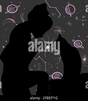 Illustration Silhouette einer Frau spielt eine Katze und die Universum im Hintergrund Stockfoto