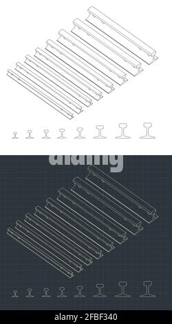 Stilisierte Vektordarstellung zum Thema Eisenbahnverkehr. Satz von Schienen in verschiedenen Größen Stock Vektor