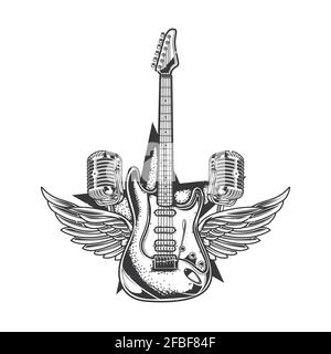 Emblem-Design mit Abbildung von Gitarre, zwei Mikrofonen und Flügeln Stock Vektor