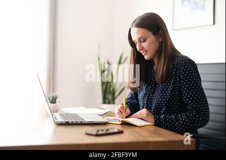 Lächelnde Geschäftsfrau, die Pläne und Ideen auf dem Notizblock aufschreibt im modernen Büro vor dem Laptop sitzend, notiert sich Frau mit einem Stift Stockfoto