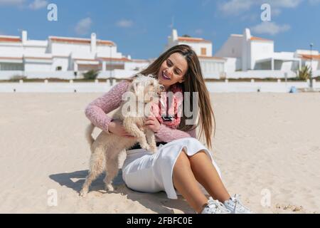 Schöne Frau spielt mit niedlichen Hund am Strand Stockfoto