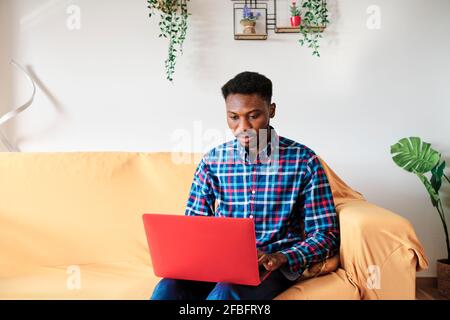 Geschäftsmann mit mittlerem Erwachsenenalter, der zu Hause am Laptop arbeitet Stockfoto