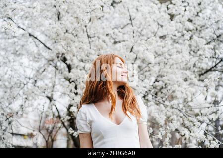 Junge Frau mit geschlossenen Augen, die vor Weiß steht Mandelbaum Stockfoto