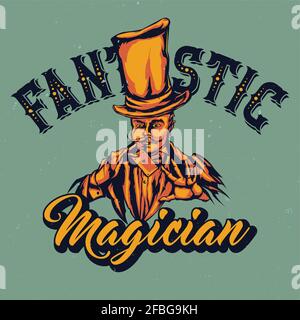 T-Shirt oder Poster-Design mit Illustrationen von Magier in Hut Mit Karte in den Händen Stock Vektor