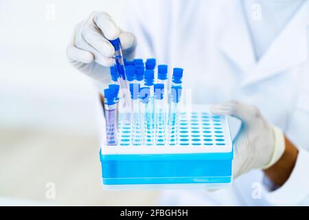 Forscherin mit Reagenzgläsern in Mikrotiterplatte im Labor Stockfoto