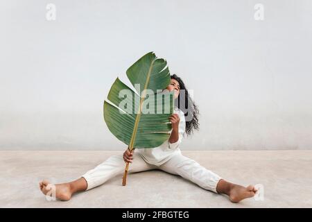 Lockige Frau, die mit grünem Bananenblatt vor einer weißen Wand sitzt und wegschaut Stockfoto