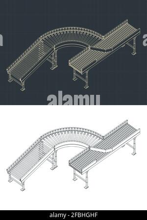 Stilisierte Vektor-Illustrationen von Rollen- und Bandförderern isometrische Blaupausen Stock Vektor