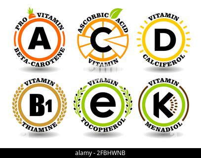 Creative Concept Vektor-Set aus A, B, C, D, E, K Vitaminkomplex-Schilder mit flachem, grafischem Sonnensymbol, Cartoon-Obst-Symbolen, natürlichen, gesunden Lebensmittelmarken, Stock Vektor