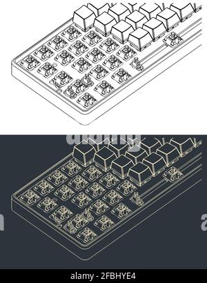 Stilisierte Vektordarstellung einer mechanischen 60%-Tastatur mit teilweise entfernter Tastatur Nahaufnahme der Tastenkappen Stock Vektor