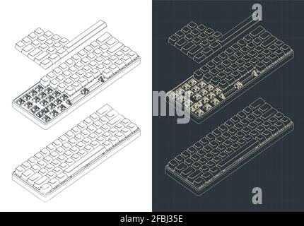 Stilisierte Vektordarstellung von mechanischen isometrischen Zeichnungen mit 60 % Tastatur Stock Vektor