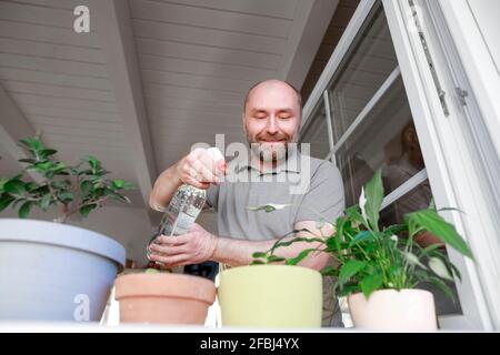 Reifer Mann, der Wasser auf Topfpflanzen im Haus sprüht Stockfoto