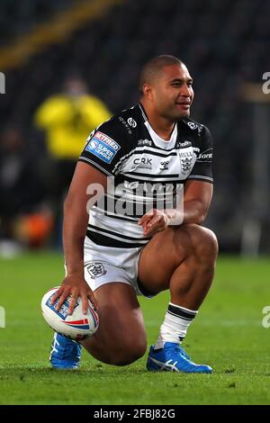 Hull, England. Freitag, 23. April 2021. Chris Satae von Hull FC während des Betfred Super League-Spiels zwischen Hull FC und Wakefield Trinity im KCOM Stadium. (Ashley Allen/Alamy Live News. Stockfoto