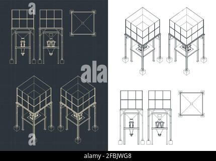 Stilisierte Vektordarstellung von Speicher- und Puffersilo-Blaupausen Stock Vektor