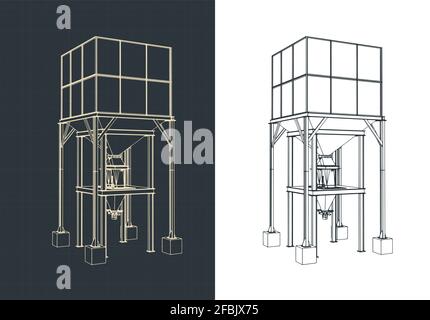 Stilisierte Vektordarstellung von Speicher- und Puffersilo-Blaupausen Stock Vektor