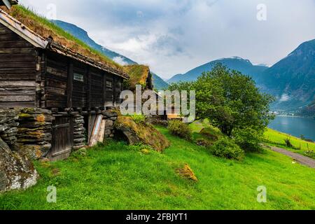 Norwegen, Aurland, Cottage of traditional Village Otternes over Aurlandsfjord Stockfoto