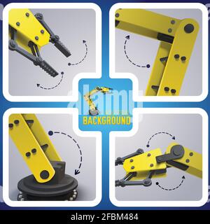 Roboter in der Fabrik Zusammensetzung und vier quadratische Icon-Set Mit Zeigern, wie der Roboter funktioniert Vektordarstellung Stock Vektor