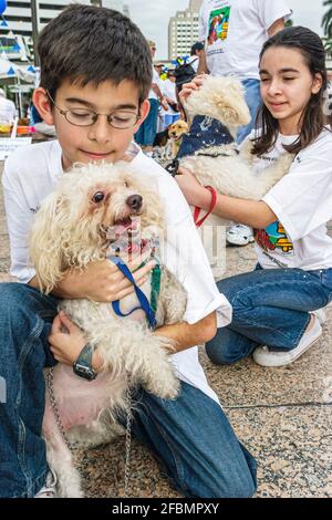 Miami Florida, Bayfront Park Walk für die Tiere, Humane Society Fundraising Event Hunde, Hispanic junge Mädchen Geschwister Hund Haustier umarmt halten, Stockfoto