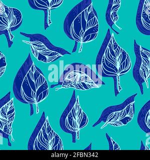 Blätter mit Ornamenten und Streifen.Vektor nahtlose Muster Kontur Blätter mit Ein Kontrastschatten Stockfoto
