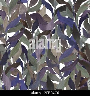 Aquarell Zweige mit Blättern in verschiedenen Farben auf einem farbigen Hintergrund Vektor nahtlose Muster. Lebende Wand von Pflanzen, Hecke von kletternden Blättern und Stockfoto