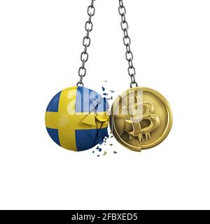 Schwedens Flagge zerschlägt in eine goldene Bitcoin-Kryptomünze. 3D-Rendering Stockfoto