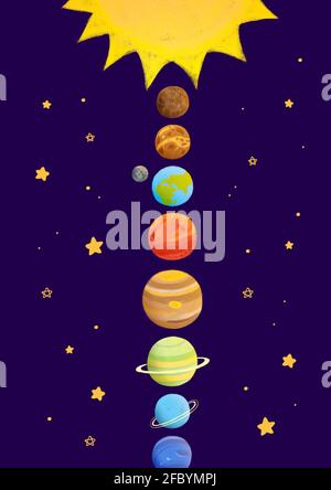 Niedliches Sonnensystem-Poster auf dunklem Hintergrund. Handgezeichnete Abbildung eines Planetenensatzes Stockfoto