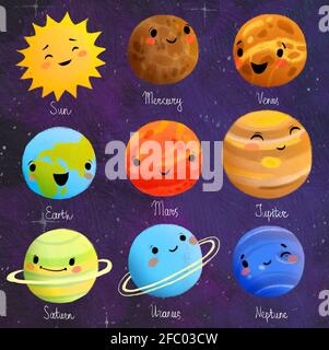 Niedliches Sonnensystem-Poster auf dunklem Hintergrund. Satz von Smiley-Planeten handgezeichnete Illustration Stockfoto