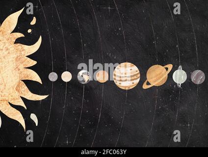 Vintage Solar System Poster auf dunklem Hintergrund. Handgezeichnete Abbildung eines Planetenensatzes Stockfoto