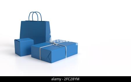 Blaue Einkaufstasche und Box 3D-Illustration Verkaufsmodup-Vorlage Stockfoto