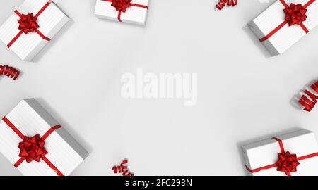 Weiße Präsenzboxen mit rotem Bogen und weißem Hintergrund 3D-Rendering Draufsicht und Kopierbereich Stockfoto