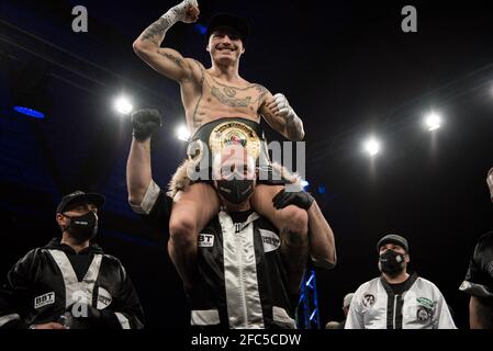Zagarolo, Italien. April 2021. Michael Magnesi bestätigt IBO-Weltmeister für Super-Federgewichte während der Super Feather IBO 2021-Weltmeisterschaft - Michael Magnesi vs Khamyle Bulana, Boxen in Zagarolo, Italien, April 23 2021 Quelle: Independent Photo Agency/Alamy Live News Stockfoto