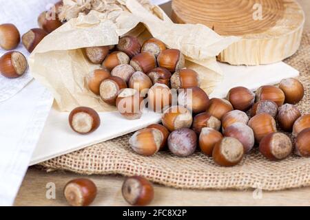 Braune Haselnüsse auf Holzbrett und textiler Hintergrund. Stockfoto