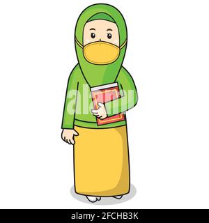 Muslimische Frau verwenden grüne Kleidung traditionellen muslim. Bringen al koran heiligen Buch im ramadan Monat, mit Maske und gesunde Protocol.Vector Zeichen illustrat Stock Vektor