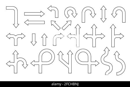 Schwarzes Straßenschild. Navigation durch Kontursymbole oder Richtung. Abgerundeter Pfeil. Design-Vorlage für verschiedene Zeiger, Verkehrsdrehung, Verzweigung, Doppelcursor. Isolierter Vektorgrafik mit dem Fahrpfeil Stock Vektor
