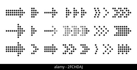 Symbole mit schwarzen gepunkteten Pfeilen gesetzt. Flacher schwarzer Silhouettenzeiger. Modernes Navigationsschild Piktogramm. Infografik-Element-Cursor. Grafiksymbol oben, links, rechts. Schnittstellen-Apps. Isolierte Vektordarstellung Stock Vektor