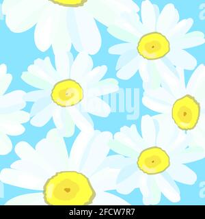 Daisy Kamille Feld Wiese Frühling Sommer Blumen nahtlose Muster auf hellblauen Himmel Hintergrund. Trendige, dutzige florale Textur für Druck, Vector Stock Vektor