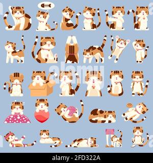 Set von Cute Calico Cat Charakter in verschiedenen Gesten Symbol Stock Vektor