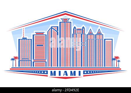 Vektor-Illustration von Miami, horizontales Poster mit Umriss-Design miami Stadtlandschaft auf Tageshimmel Hintergrund, rote urbane Linie Kunst Konzept mit einzigartigen let Stock Vektor