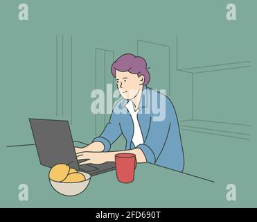 Kommunikation, Freiberufler, Videokonferenzkonzept. Junge Mann Figur sitzt auf einem Stuhl zu Hause im Gespräch mit Freund online. Remote-Arbeit bei Isolation Stock Vektor