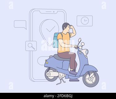 Konzept des Online-Lieferservice. Kunden, die über mobile Anwendung bestellen, der Motorradfahrer geht nach der GPS-Karte Stock Vektor