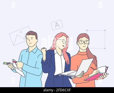 Сreativity, Teamwork, Zusammenarbeit, Partnerschaftskonzept. Glückliche Menschen arbeiten bei Creative Design Agentur Office concept. Zusammenarbeit von Schöpfern. Stock Vektor