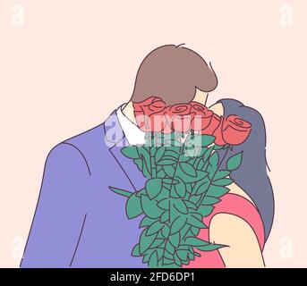 Liebe, Dating, Romantik, Beziehung, Zweisamkeit, Couple-Konzept. Das Paar küsst und bedeckt ihre Gesichter mit einem Blumenstrauß. Stock Vektor