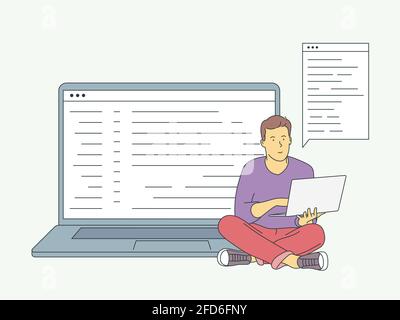 Website, Programmierung, Entwicklungskonzept. Junger freiberuflicher Programmierer, der mit Laptop codiert. Flache Vektorgrafik Stock Vektor