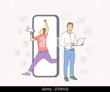 Finanz-, Analyse-, Teamwork-Konzept. Zwei Geschäftspartner von Männern arbeiten Zeichentrickfiguren, die Finanzdaten und Marketinginformationen analysieren Stock Vektor